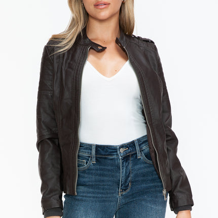 Snobbish PU Leather Biker Jacket with Side Zip Pockets