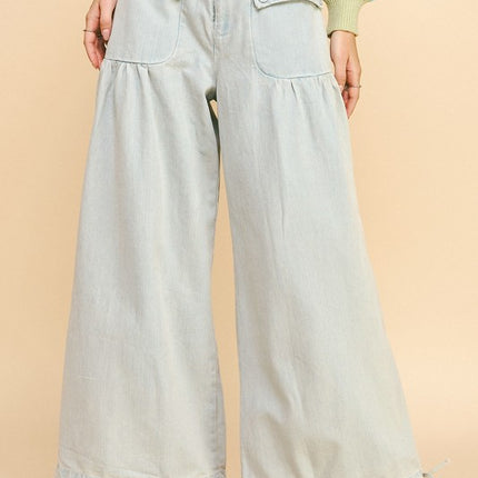 Davi & Dani Drawstring Hem Wide Leg Mid Rise Jeans