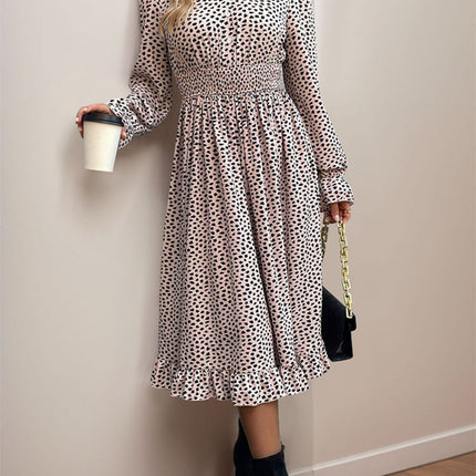 Ruched Ruffled Leopard Long Sleeve Dress