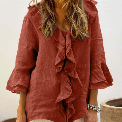 Full Size Ruffled V-Neck Flounce Sleeve Blouse