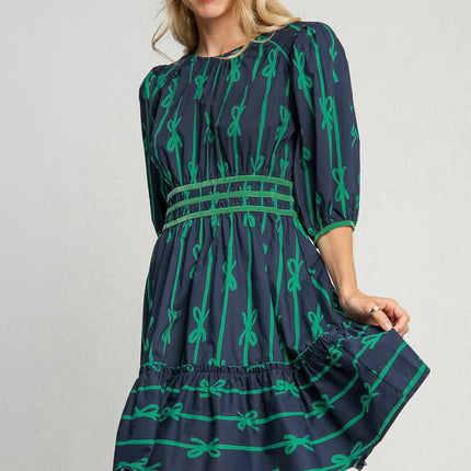 Umgee Ribbon Print Frill Contrast Velvet Trim Half Sleeve Dress