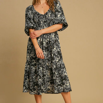 Umgee Ruffle Hem Flower Printed V-Neck Dress