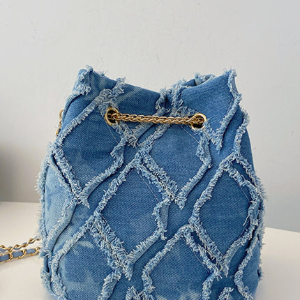 Chain Drawstring Raw Edge Denim Bucket Bag