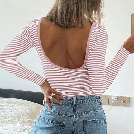 Devine Backless Striped Boat Neck Long Sleeve T-Shirt