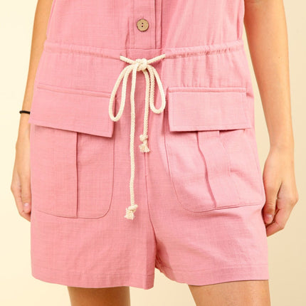 VERY J Half Button Drawstring Sleeveless Romper