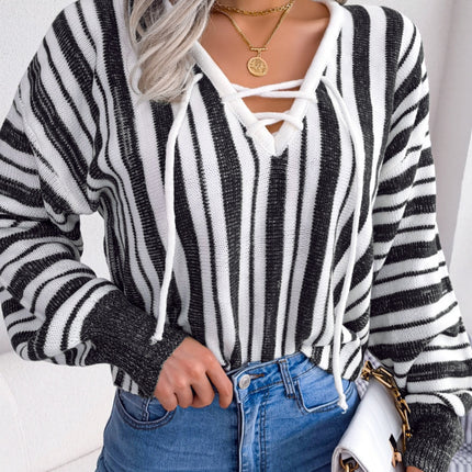 Striped Lace-Up Long Sleeve Sweater