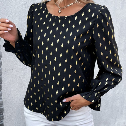 Double Take Printed Round Neck Flounce Sleeve Blouse