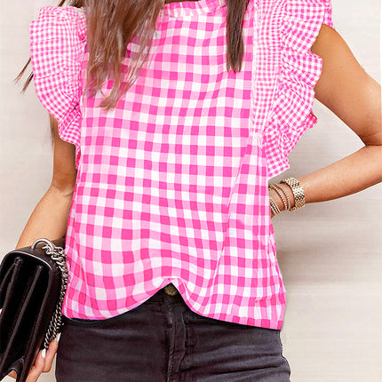 Ruffled Plaid Mock Neck Cap Sleeve Blouse