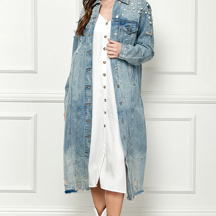 Veveret Full Size Distressed Raw Hem Pearl Detail Button Up Jacket