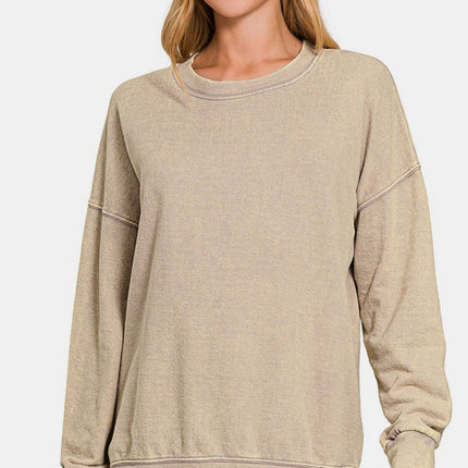 Zenana Washed Round Neck Dropped Shoulder Sweatshirt