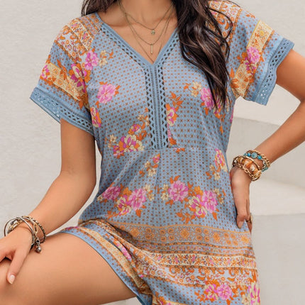 Printed V-Neck Short Sleeve Romper