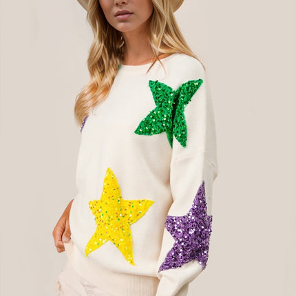 Double Take Sequin Star Round Neck Dropped Shoulder Sweater