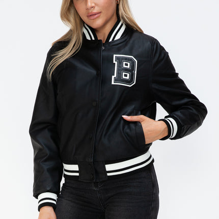 Love Me Now PU Leather Contrast Snap Down Bomber Jacket