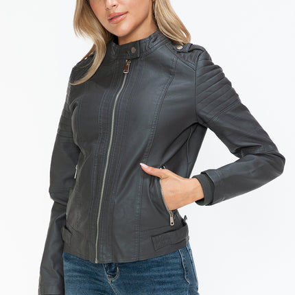 Snobbish PU Leather Biker Jacket with Side Zip Pockets