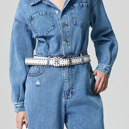 Distressed Button Down Drop Shoulder Denim Jumpsuit