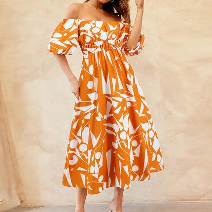 Printed Off-Shoulder Balloon Sleeve Dress