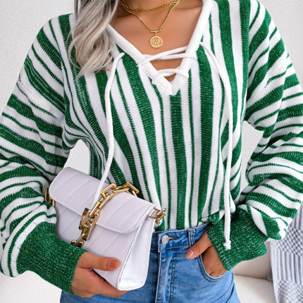 Striped Lace-Up Long Sleeve Sweater