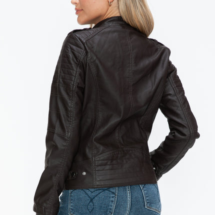 Snobbish PU Leather Biker Jacket with Side Zip Pockets