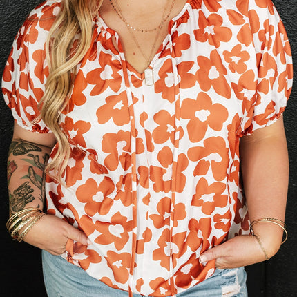 Plus Size Printed Tie Neck Short Sleeve Blouse