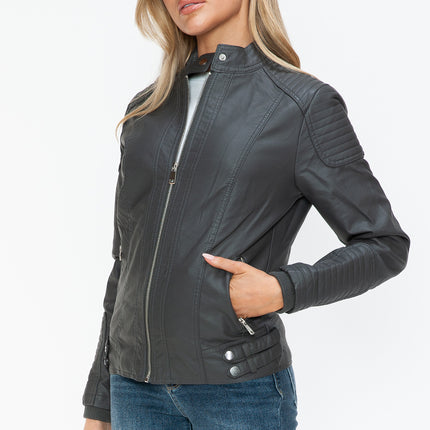 Snobbish Faux Leather Biker Jacket with Side Zip Pockets