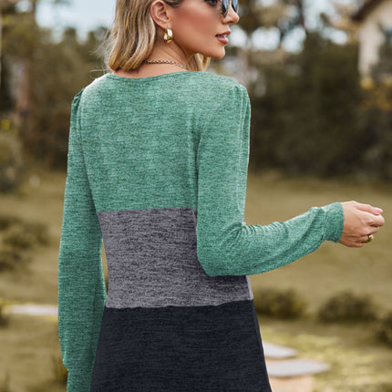 Color Block Square Neck Long Sleeve T-Shirt