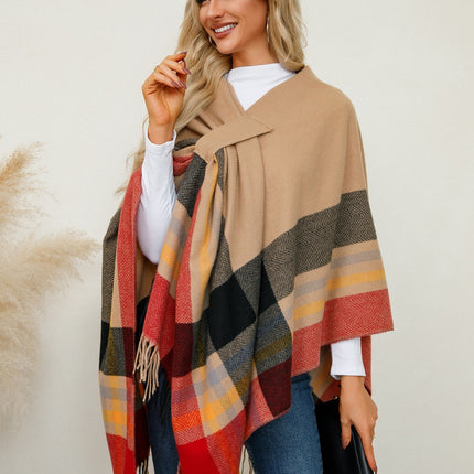 Fringe Contrast Plaid Poncho