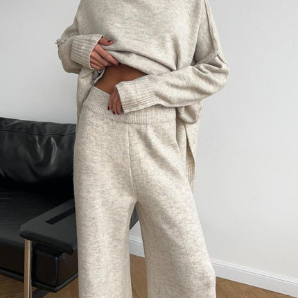 Slit Turtleneck Long Sleeve Top and Pants Sweater Set