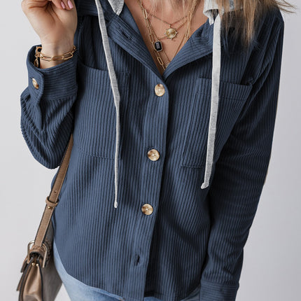 Drawstring Button Up Long Sleeve Hooded Jacket - Vickie Lynn's