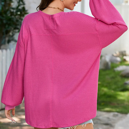 Waffle-Knit V-Neck Long Sleeve Top