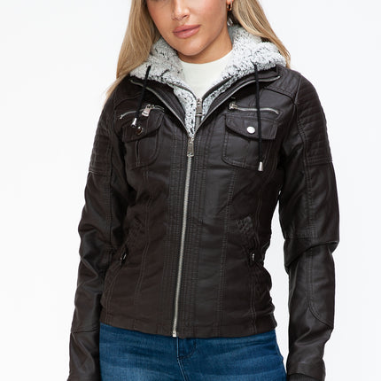 YMI Removable Faux Layered Multi-Pocket Jacket with Fuzzy Hood