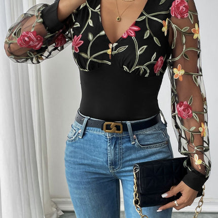 Perfee Embroidered V-Neck Long Sleeve Bodysuit