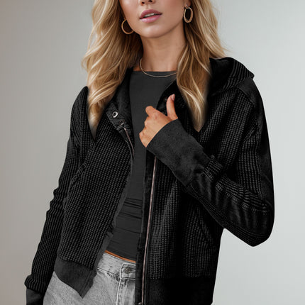 Double Take Waffle-Knit Zip Up Long Sleeve Hooded Jacket
