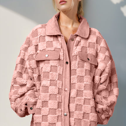 Double Take Button Up Fuzzy Checkered Shacket - Vickie Lynn's