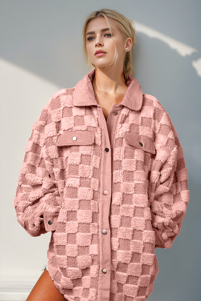 Double Take Button Up Fuzzy Checkered Shacket - Vickie Lynn's