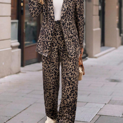 Full Size Leopard Lapel Collar Long Sleeve Blazer and Pants Set