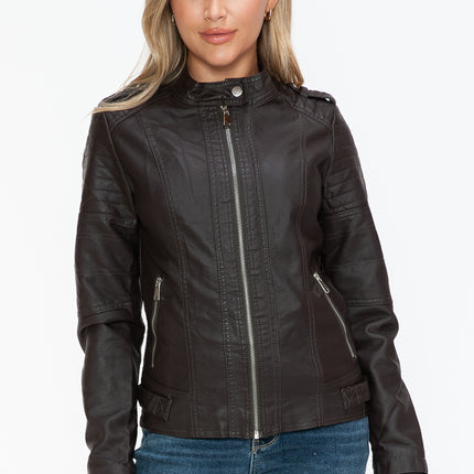 Snobbish PU Leather Biker Jacket with Side Zip Pockets