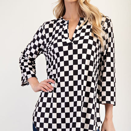 Celeste Full Size Curved Hem Checkered Notched Blouse