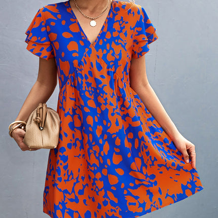 Ruffled Printed V-Neck Short Sleeve Mini Dress