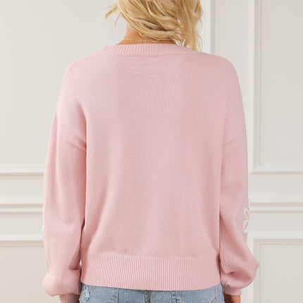 Flower Round Neck Dropped Shoulder Sweater