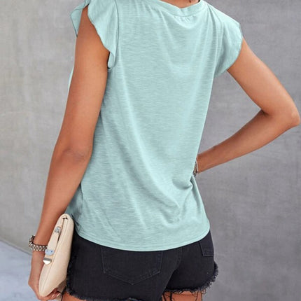 Ruffled Round Neck Cap Sleeve T-Shirt