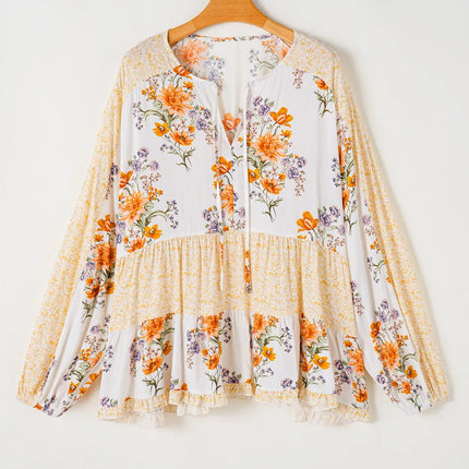 Plus Size Printed Tie Neck Long Sleeve Blouse