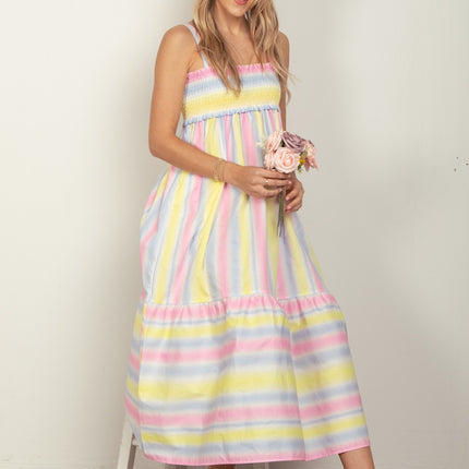 VERY J Striped Woven Smocked Midi Cami Dress