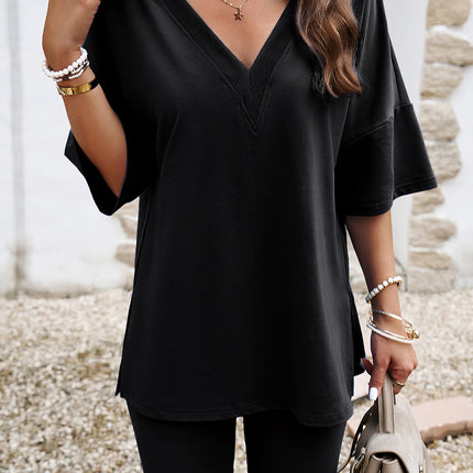 V-Neck Dropped Shoulder Top and Shorts Set