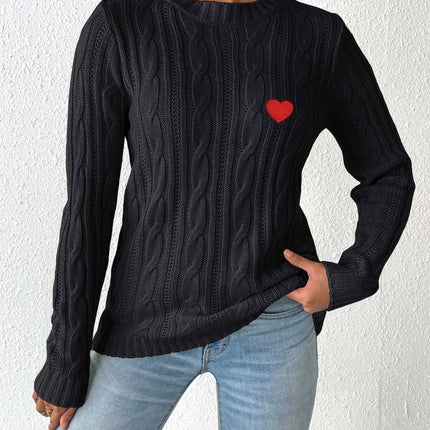 Cable-Knit Heart Round Neck Long Sleeve Sweater