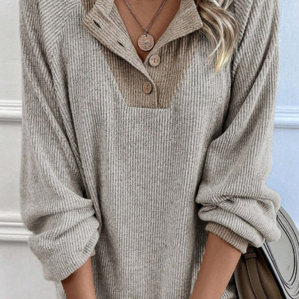 Contrast Quarter Button Round Neck Long Sleeve Top