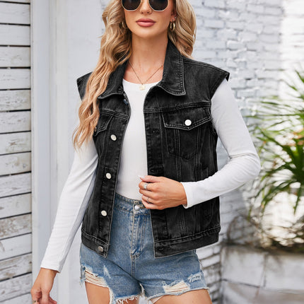 Button Up Cap Sleeve Denim Jacket