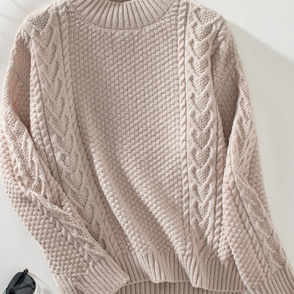 Cable-Knit Mock Neck Long Sleeve Sweater