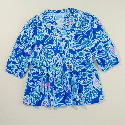 Printed Notched Three-Quarter Sleeve Blouse