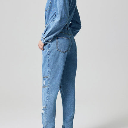 Distressed Button Down Drop Shoulder Denim Jumpsuit