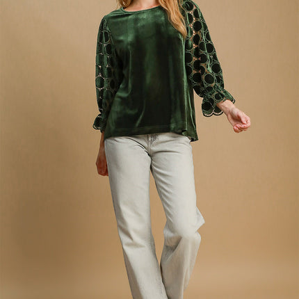 Umgee Polka Dot Lace Long Sleeve Round Neck Blouse